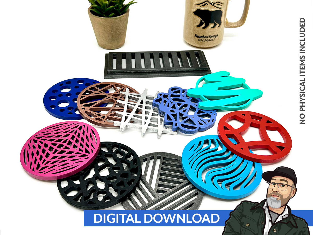 Set of 10 Abstract Design Coasters with Stand – Big Blue Laser Designs