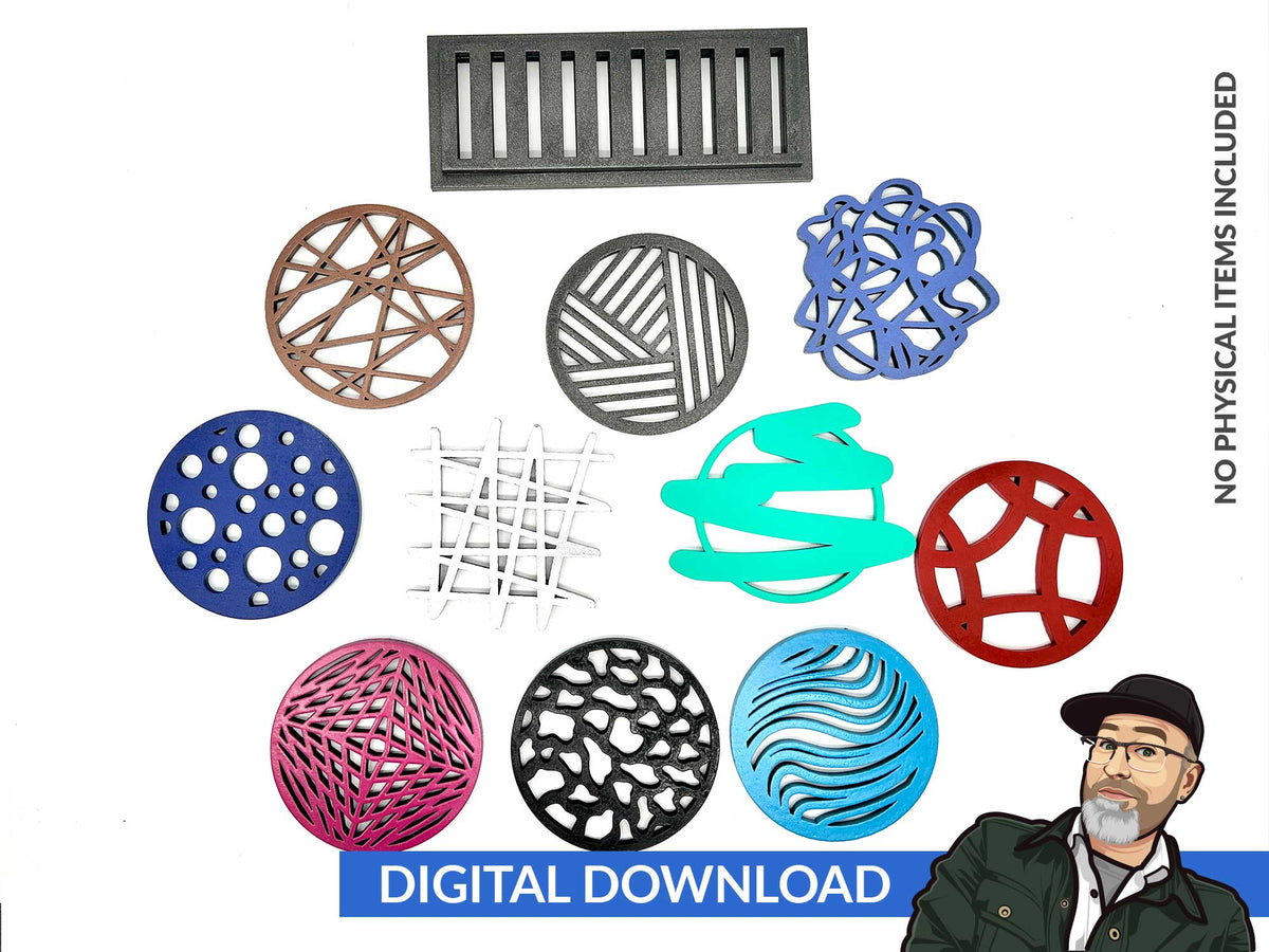 Set of 10 Abstract Design Coasters with Stand – Big Blue Laser Designs