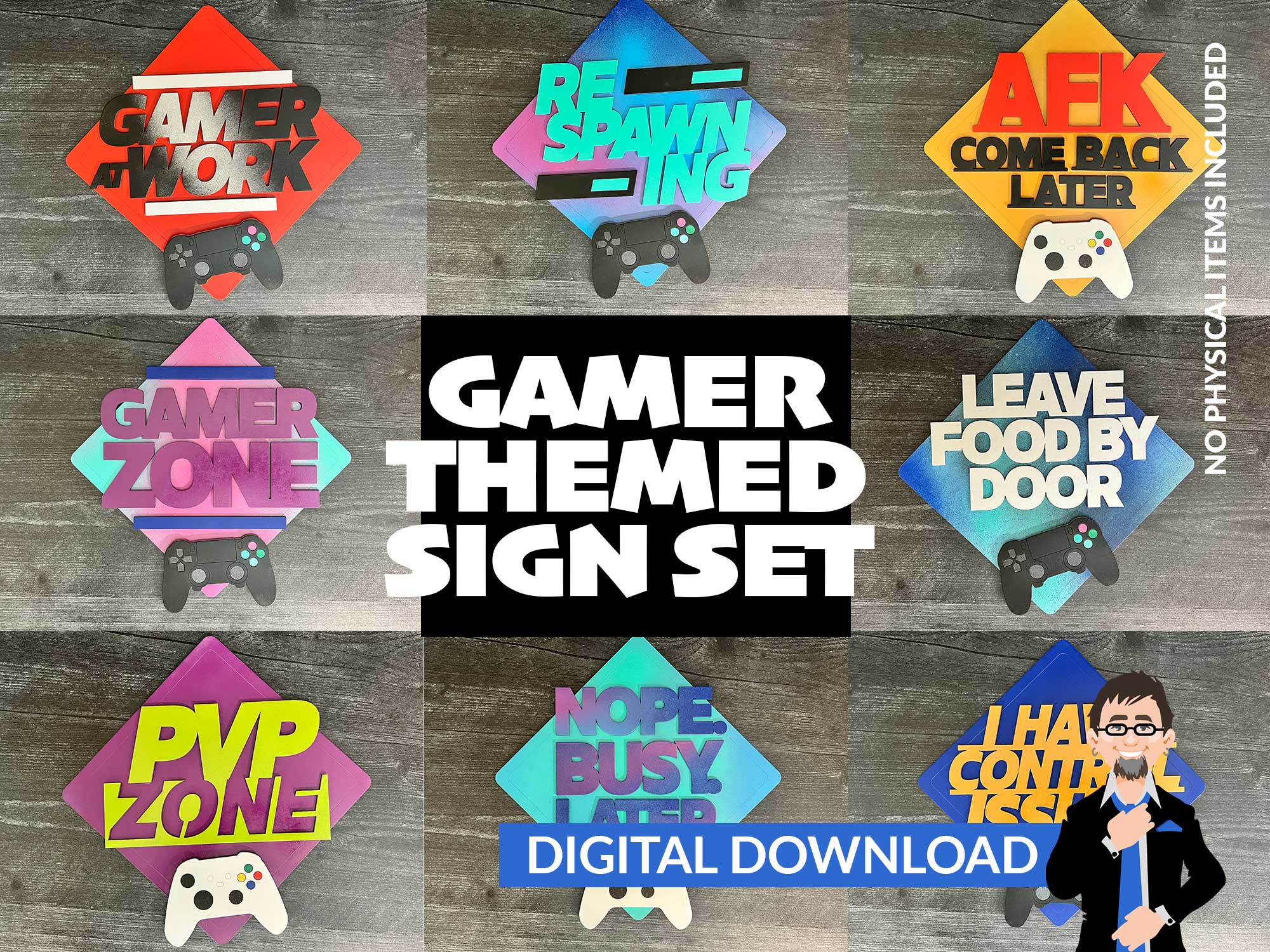 Square Gamer Themed Sign Set – Big Blue Laser Designs